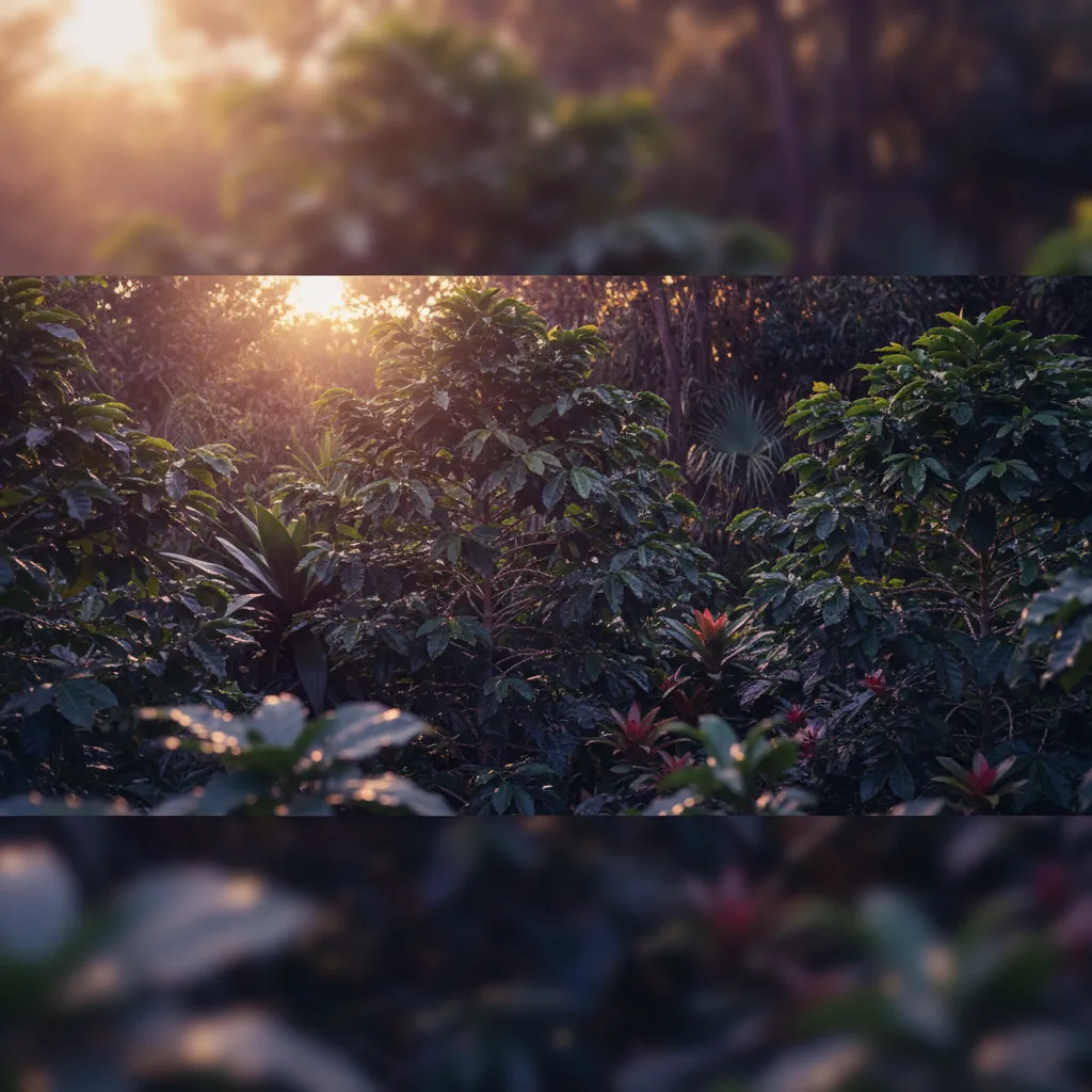 Lush botanical leaves in warm golden morning light