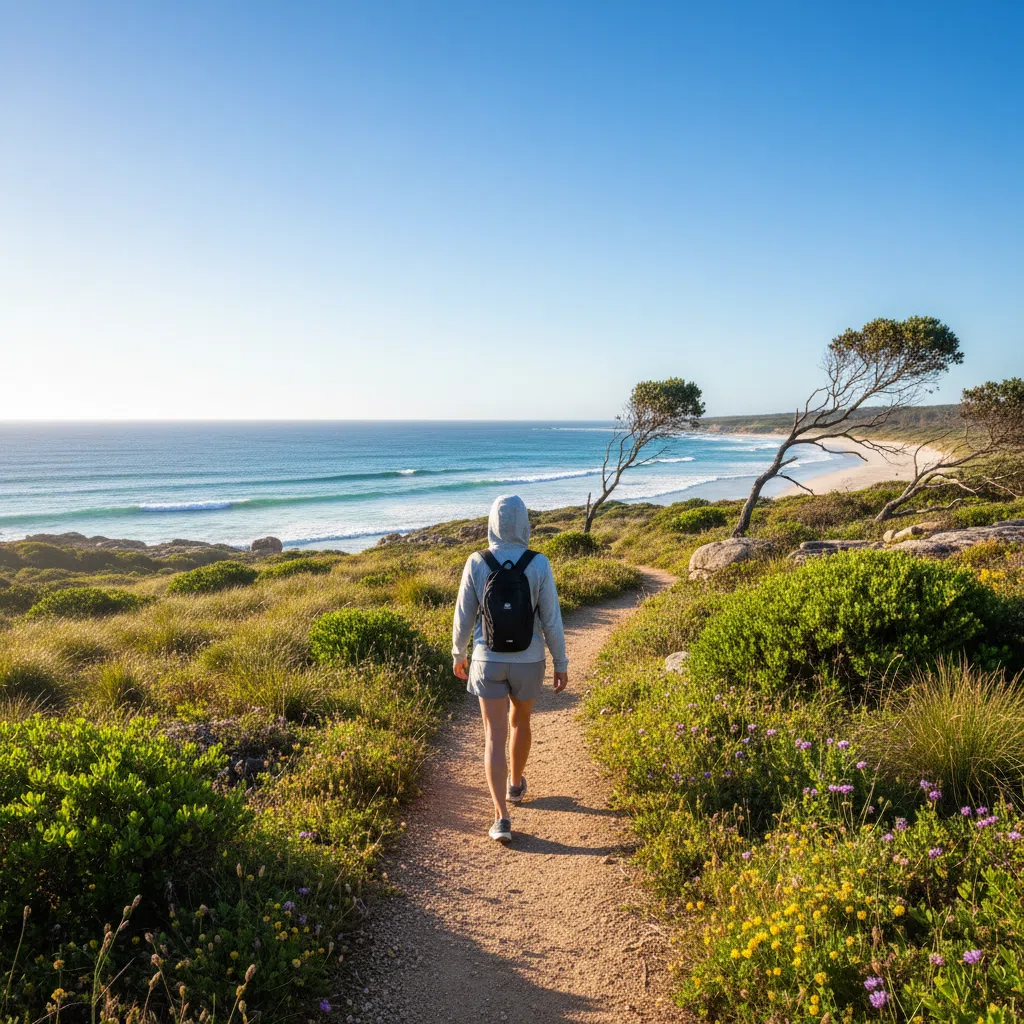 Anonymous person walking on a sunny Australian coastal path - visceral fat lifestyle tips Australia